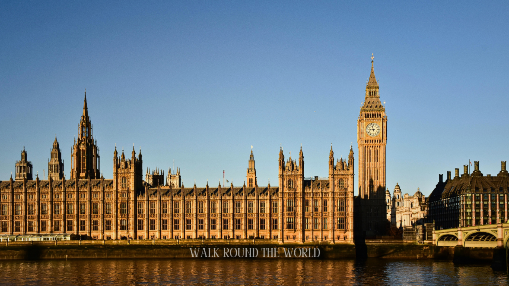 Westminster Palace and surrounding architecture in London, symbolizing the historic origins of Big Ben after the Great Fire