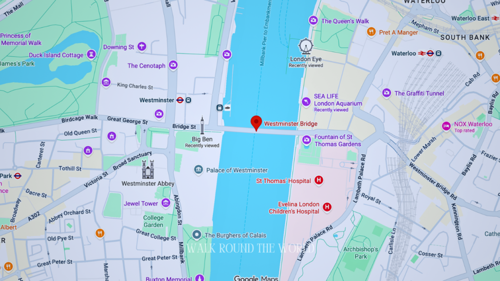 Walking route and map of Westminster Bridge London