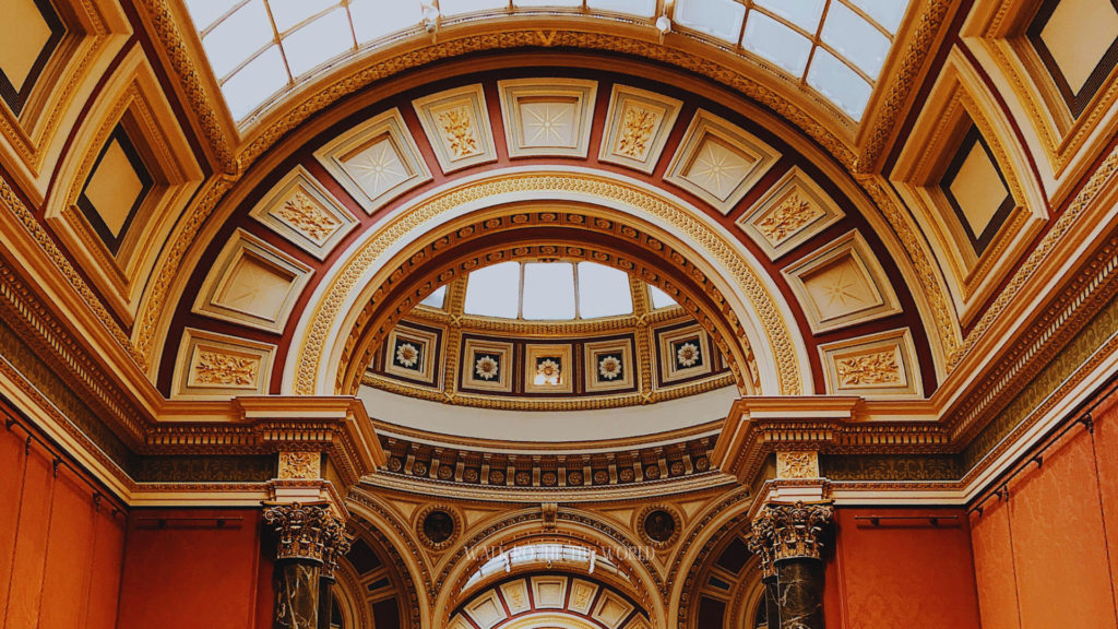 Ornate classical ceiling architecture inside National Gallery London