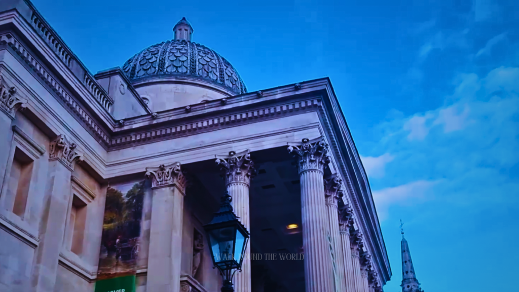 Dome and Corinthian columns of the National Gallery London against blue sky