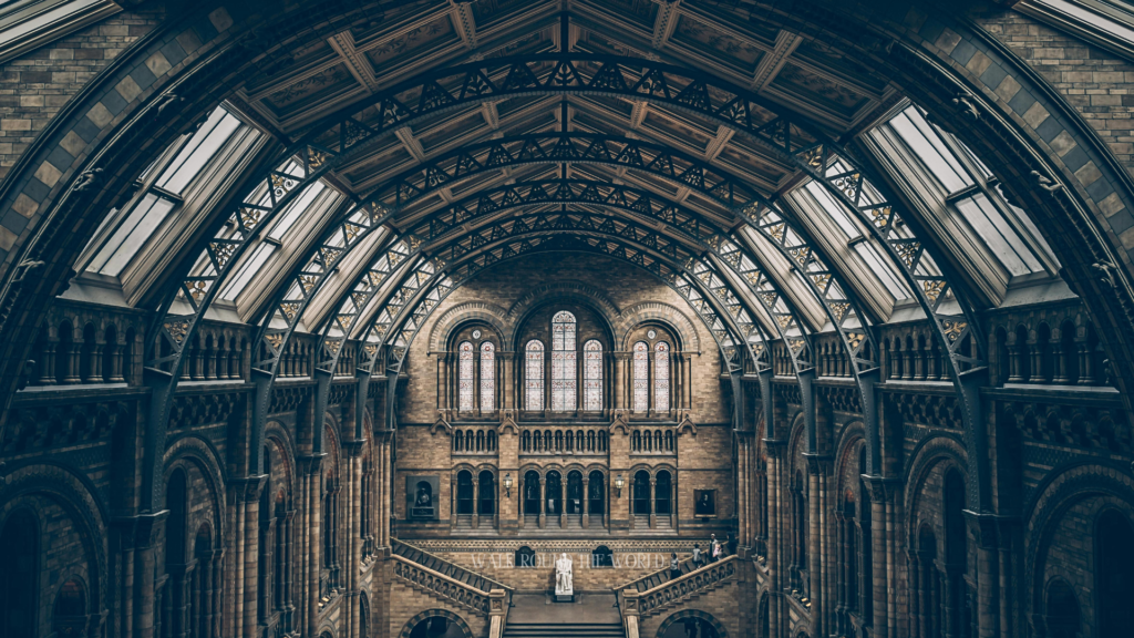 Natural History Museum London interior hall at dusk with dramatic lighting