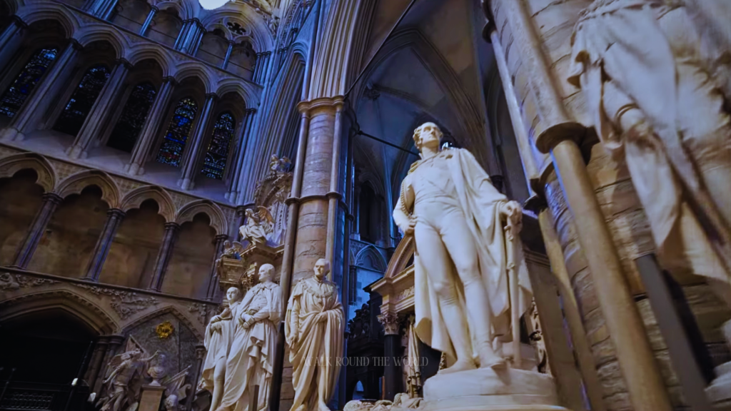 Statues and literary memorials inside Poet’s Corner at Westminster Abbey in London
