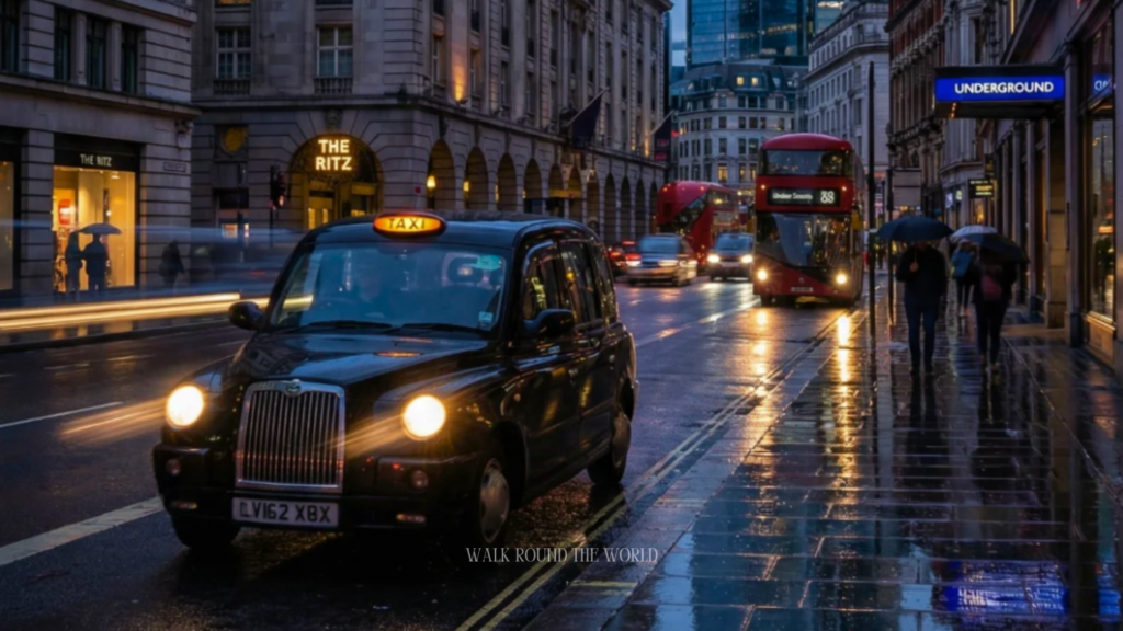 Black taxi and Red bus on london street on a rainy day