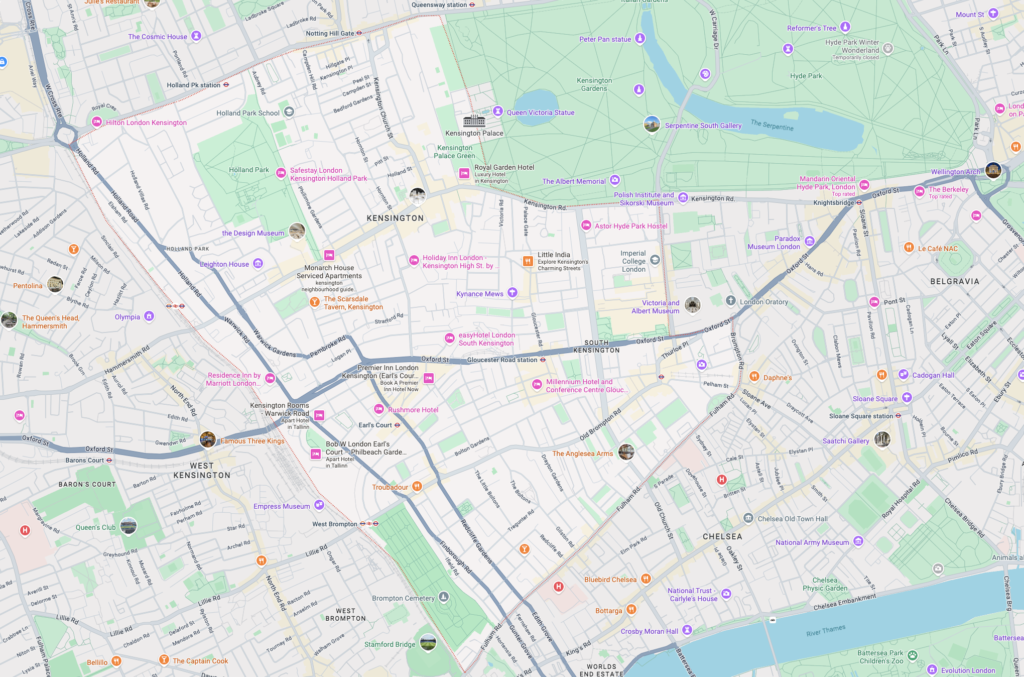 Map of Kensington London showing nearby attractions like Kensington Palace, Hyde Park, Natural History Museum and Royal Albert Hall