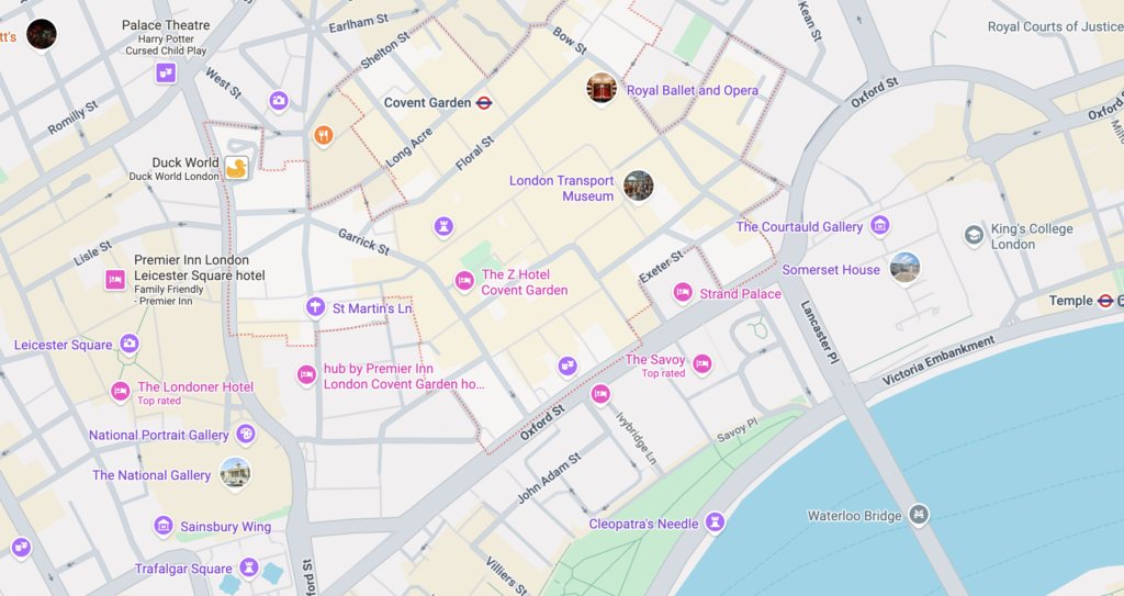 Map of Covent Garden London showing nearby attractions like Royal Opera House, Trafalgar Square, Leicester Square, National Gallery and Somerset House