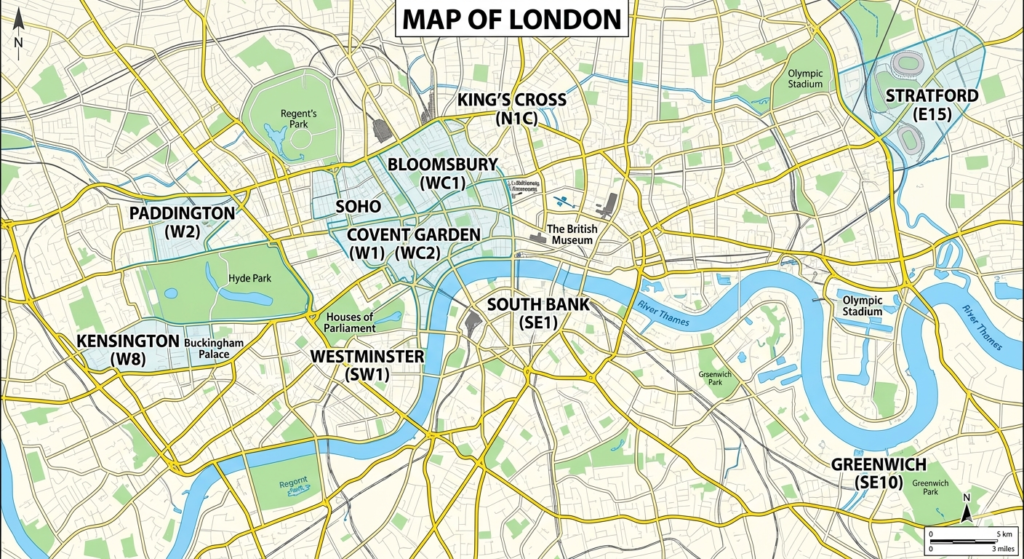 Map of London showing best areas to stay for first timers including Covent Garden, Westminster, South Bank, Kensington, Paddington, Soho, Bloomsbury, King's Cross, Greenwich and Stratford