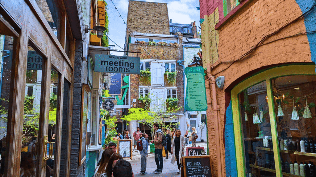 Colourful cafés and buildings inside Neal’s Yard Covent Garden in London