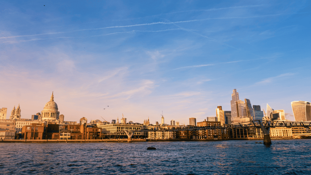 Golden summer evening over the London skyline with St Paul’s Cathedral and River Thames viewed from South Bank