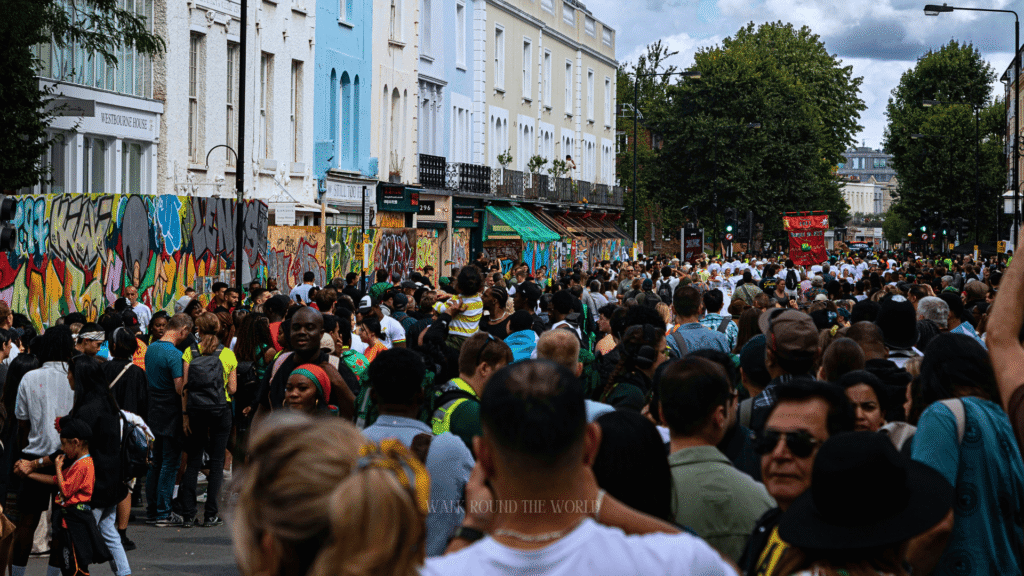Crowds and colourful costumes at Notting Hill Carnival in London
