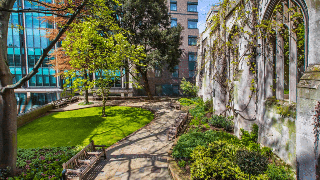 Ruins of St. Dunstan in the East garden in London