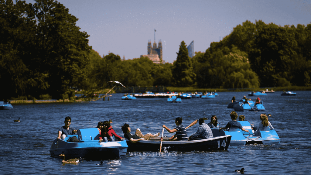 People enjoying a boating experience on the water in London during a warm August summer day