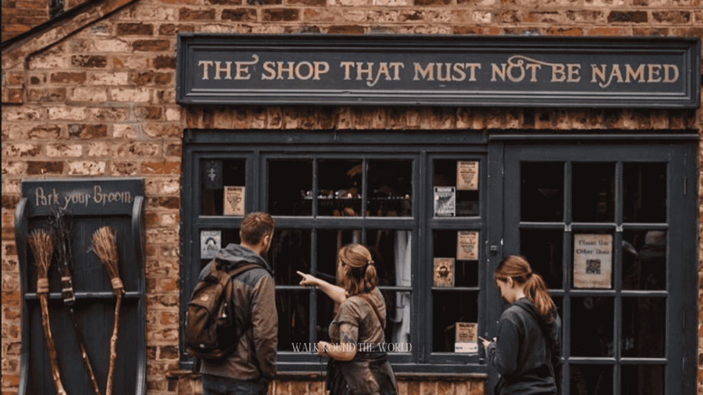 Tourists exploring The Shop That Must Not Be Named on The Shambles in York, a Harry Potter-inspired attraction during a day trip from London.