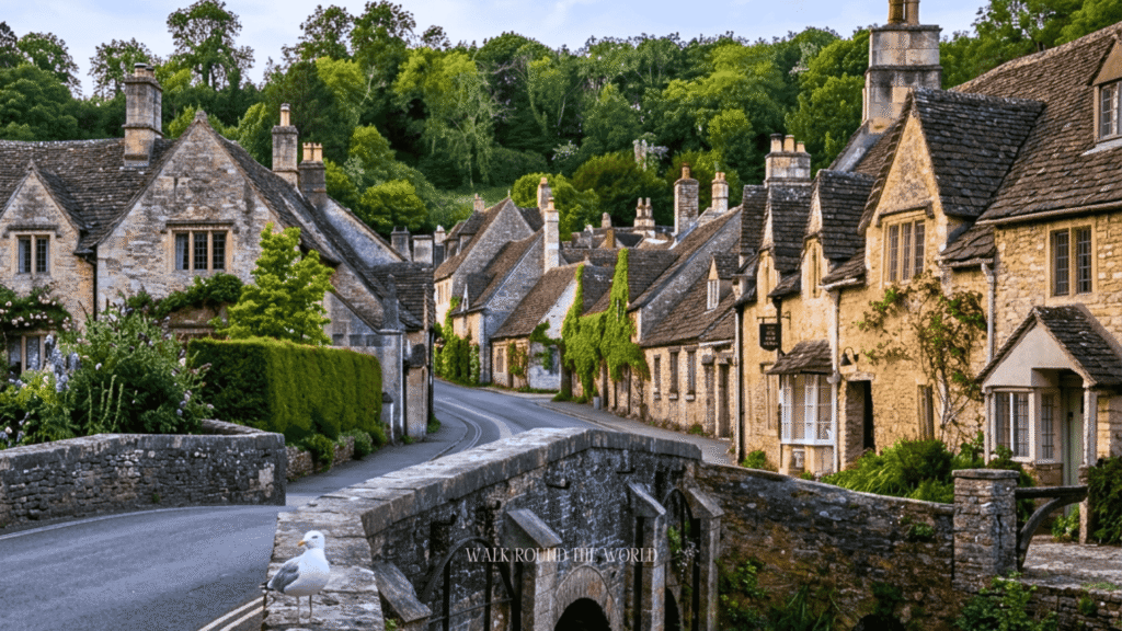 Historic stone cottages and the famous bridge in Castle Combe, one of the prettiest villages in the Cotswolds and a popular day trip from London.