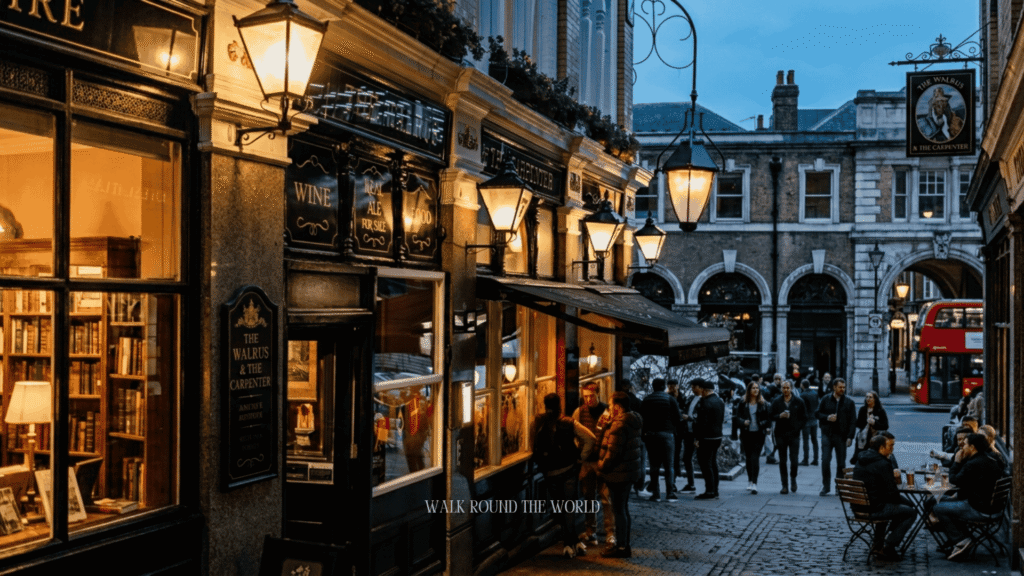 A traditional London pub with Victorian architecture, outdoor seating, glowing lanterns and visitors enjoying a warm summer evening in central London.