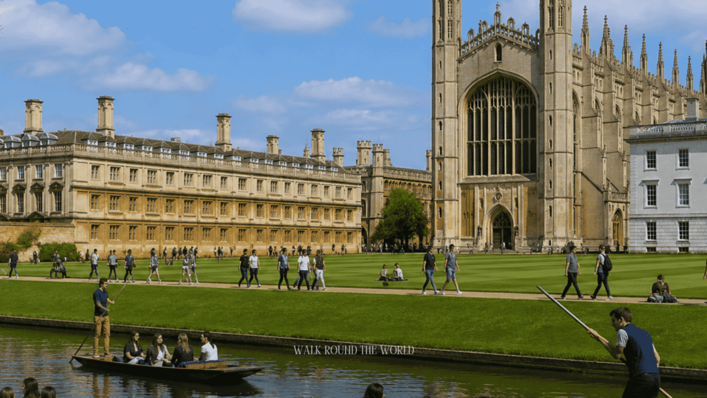 Visitors enjoying punting on the River Cam in front of King's College, Cambridge, during a scenic day trip from London.