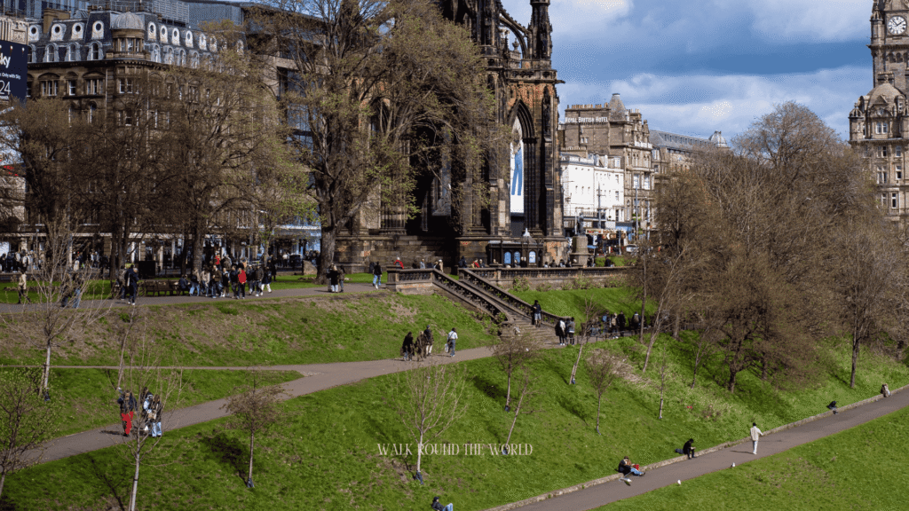 Princes Street Gardens in Edinburgh with Edinburgh Castle in the background