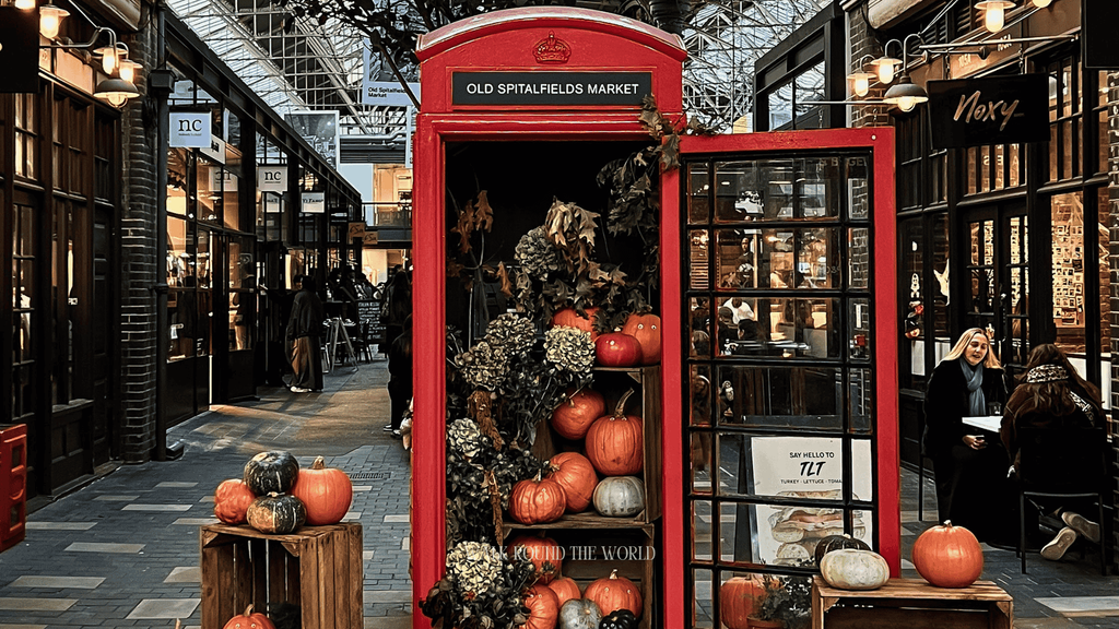 Atmospheric London street decorated for Halloween in autumn