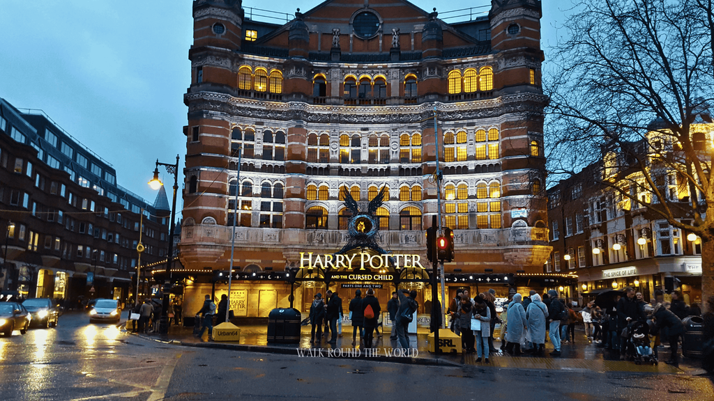 Harry Potter and the Cursed Child at the historic Palace Theatre in London at dusk