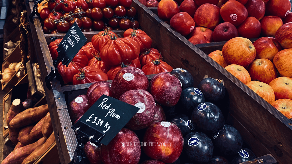 Seasonal fruit and vegetables at a London market in autumn
