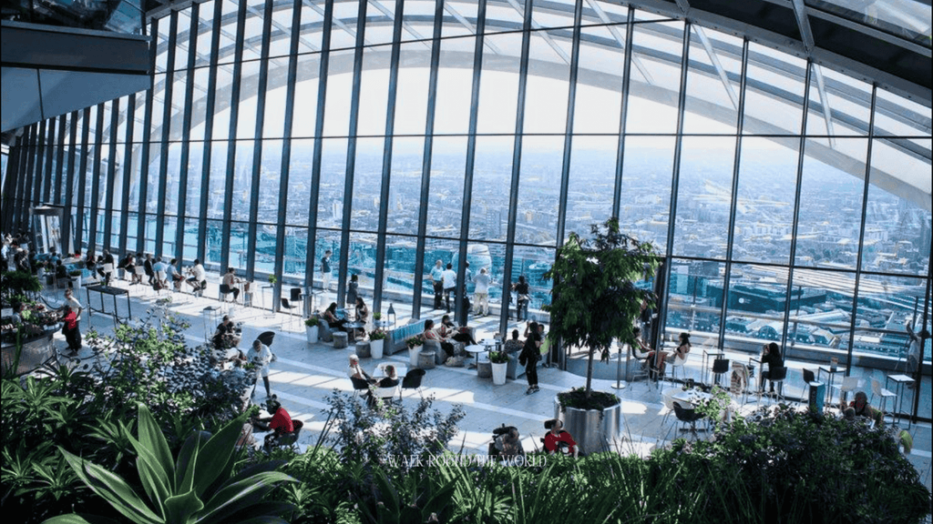 View of London from the Sky Garden terrace through the glass windows
