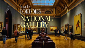 Grand interior hall of National Gallery London with visitors viewing classical paintings