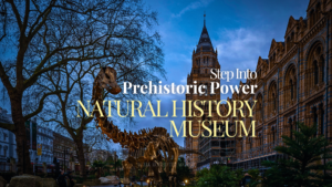 Natural History Museum London exterior with dinosaur skeleton sculpture and historic Romanesque architecture in South Kensington