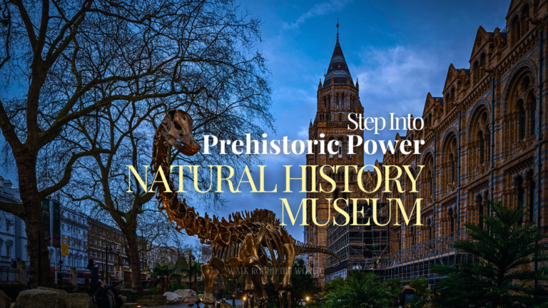 Natural History Museum London exterior with dinosaur skeleton sculpture and historic Romanesque architecture in South Kensington