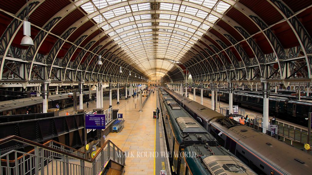 Interior of Paddington Station in London with Paddington Bear references