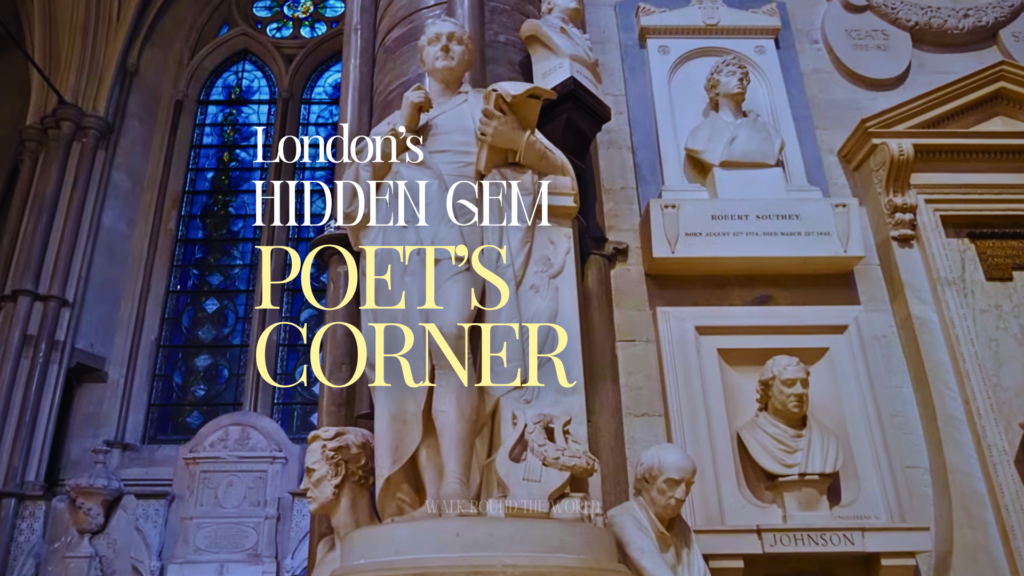 Poet’s Corner inside Westminster Abbey in London featuring historic literary statues and memorials