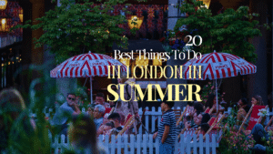 Outdoor Pimm’s bar in London during summer evening with lush green surroundings, tourists enjoying warm weather and social atmosphere
